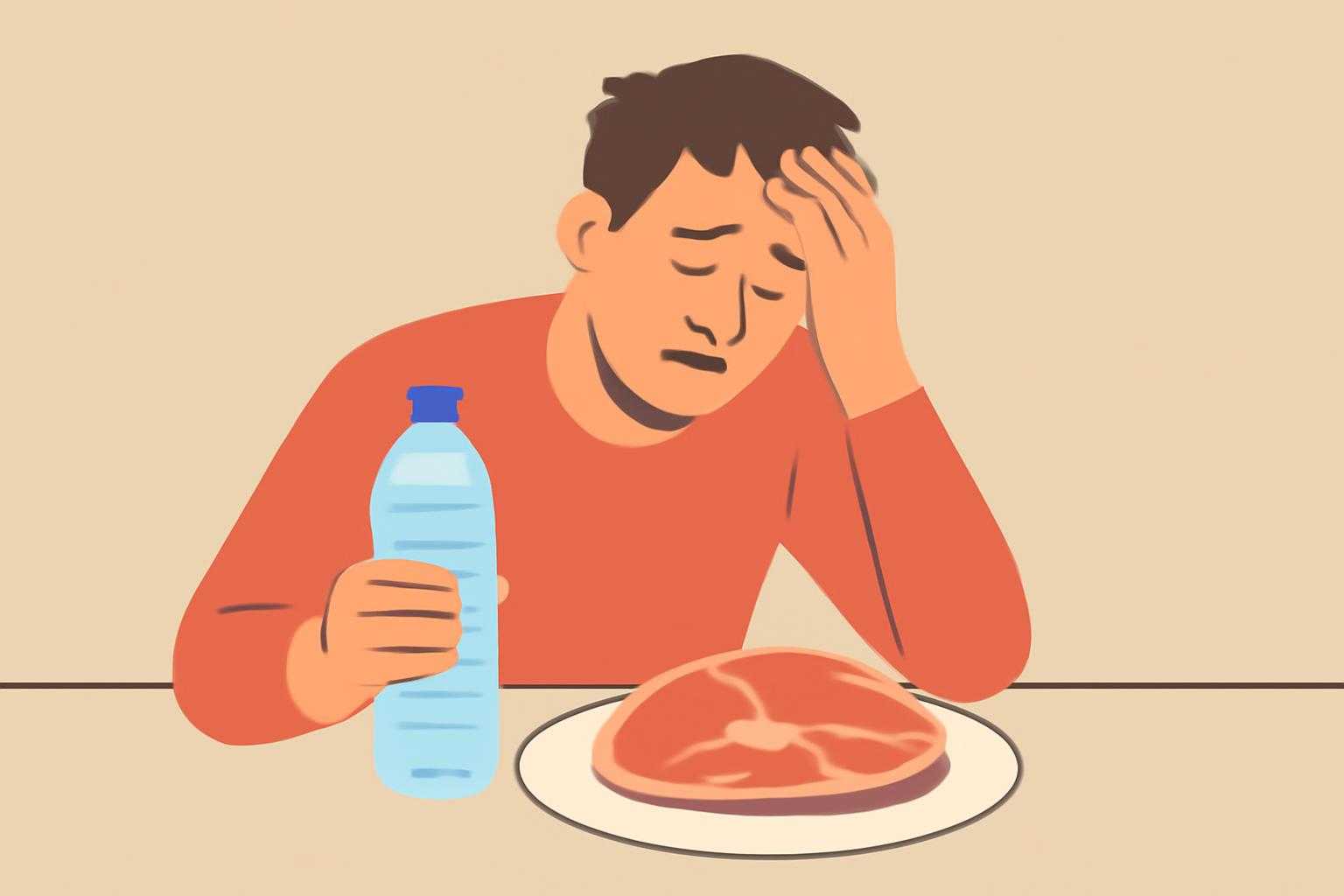 塩辛い生ハムを食べすぎた人が、頭痛や疲労感を感じている様子