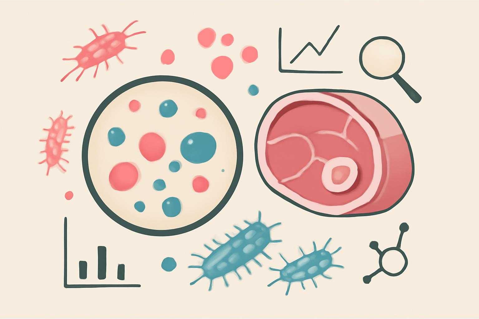 顕微鏡で見た細菌や加工肉の成分、医学的な分析を表すイメージ