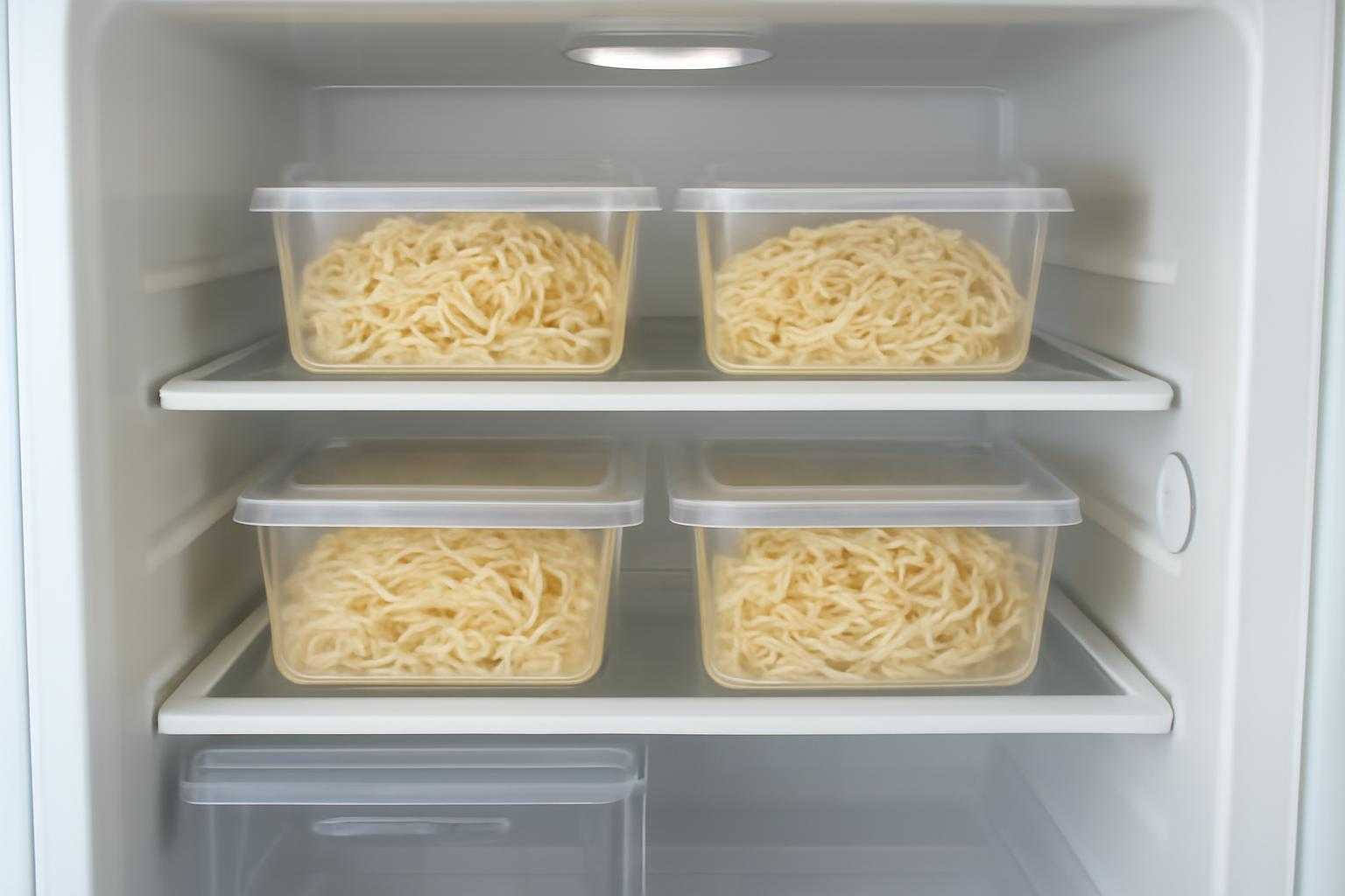冷蔵庫の中に整理された生ラーメンの保存方法