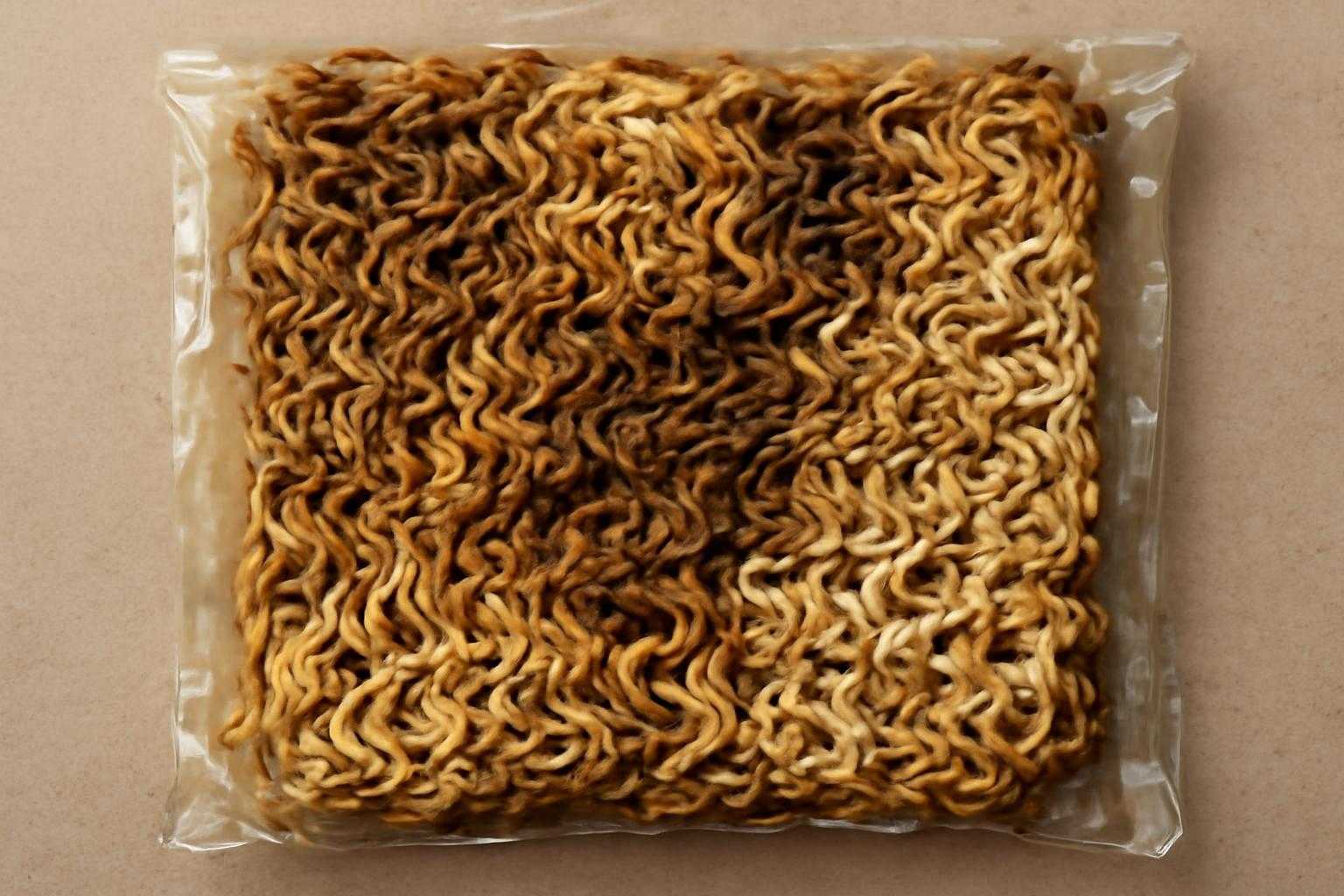 袋麺の色が変わり、油が酸化して傷んだ状態を示す画像