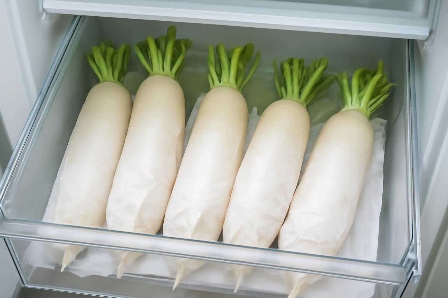 冷蔵庫の野菜室に整理されて保存された大根