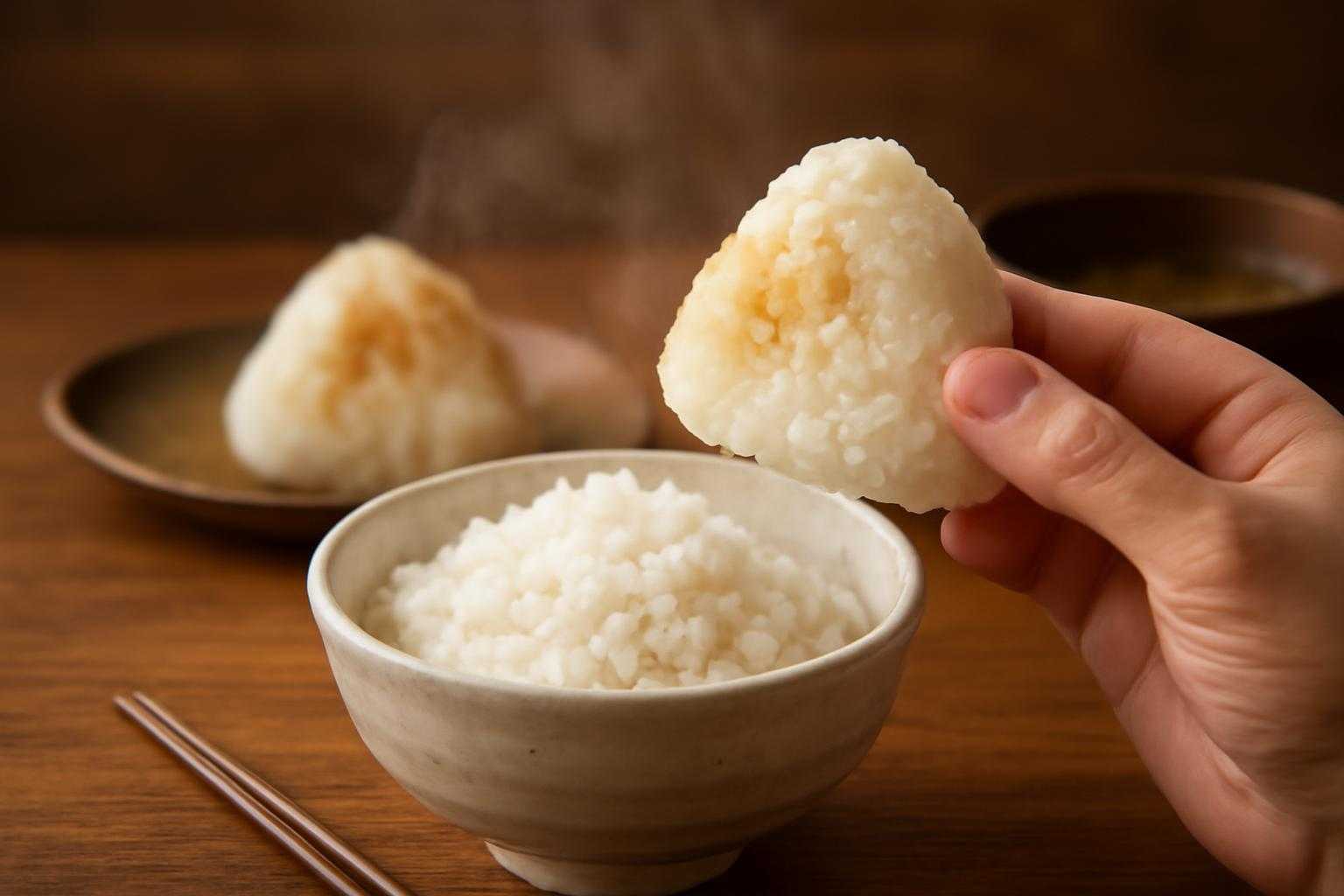 温め直したおにぎりを食べようとしている食事風景