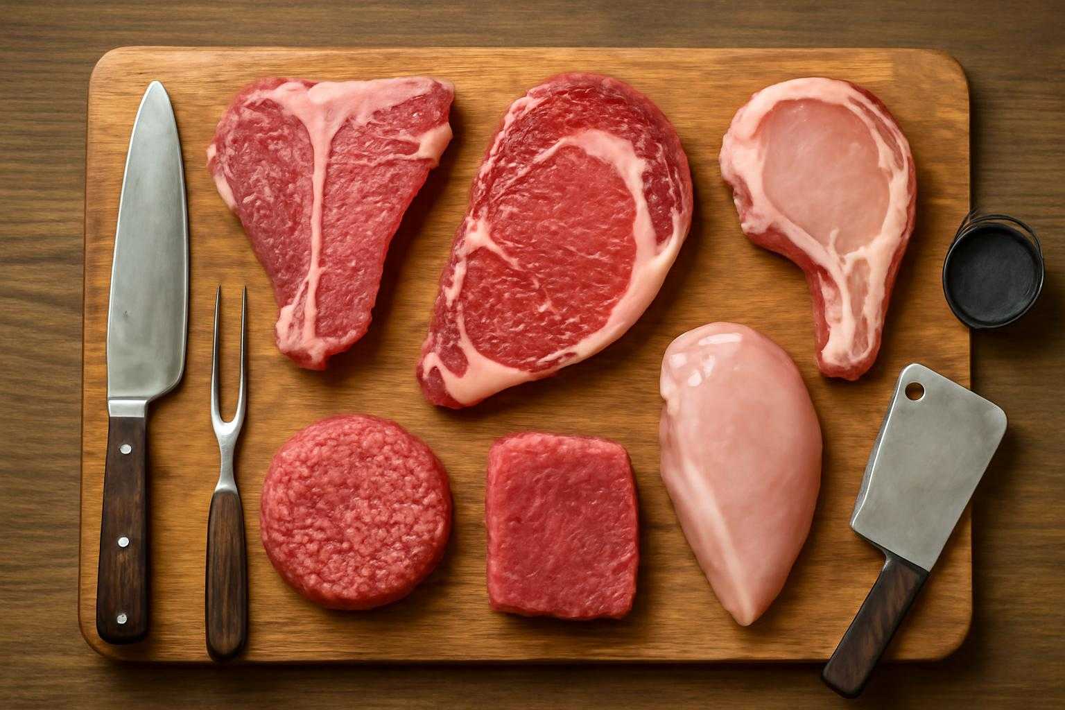 まな板の上に並べられた6種類の肉と調理道具