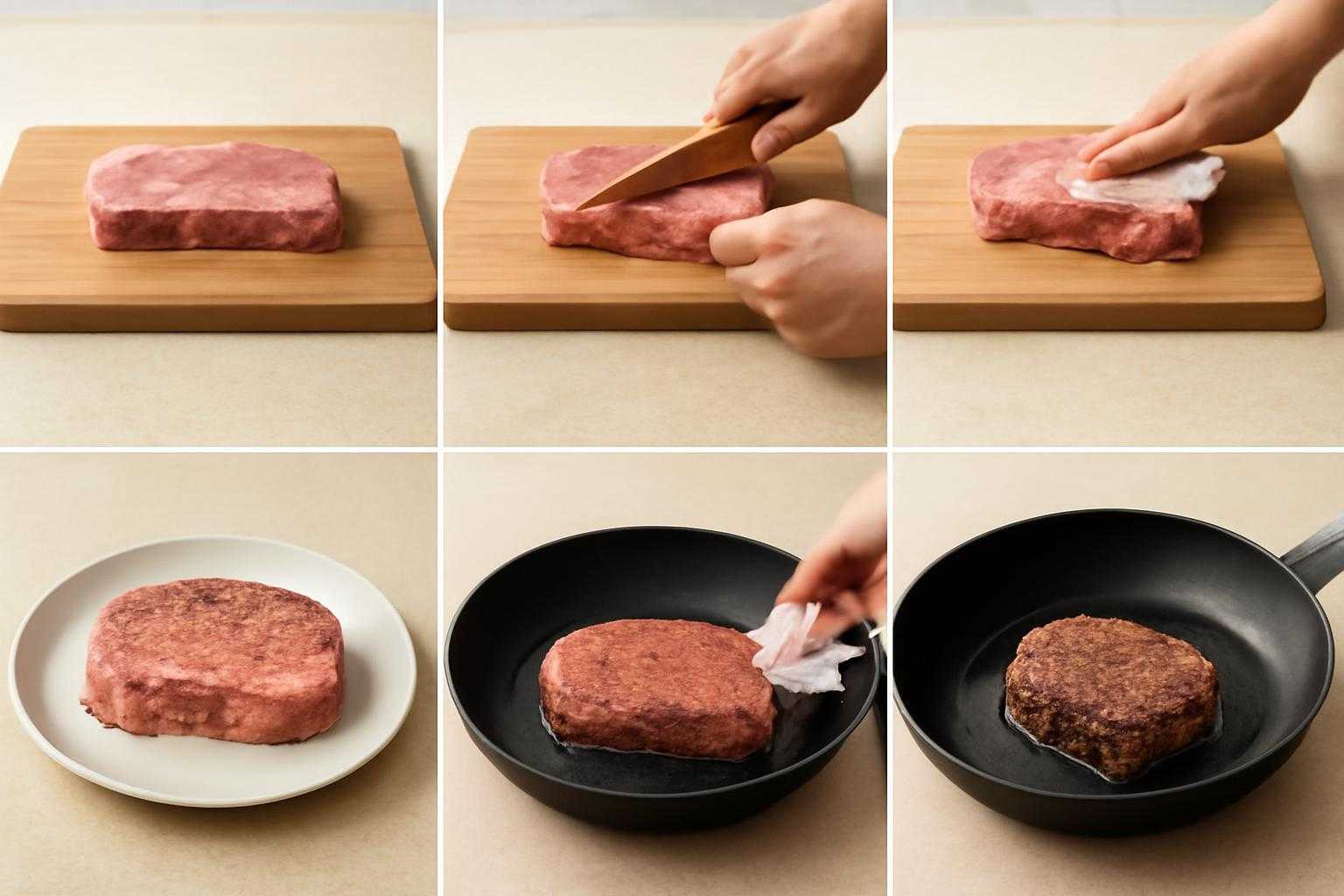 肉をタタキ状に加工する調理プロセスの段階的な様子