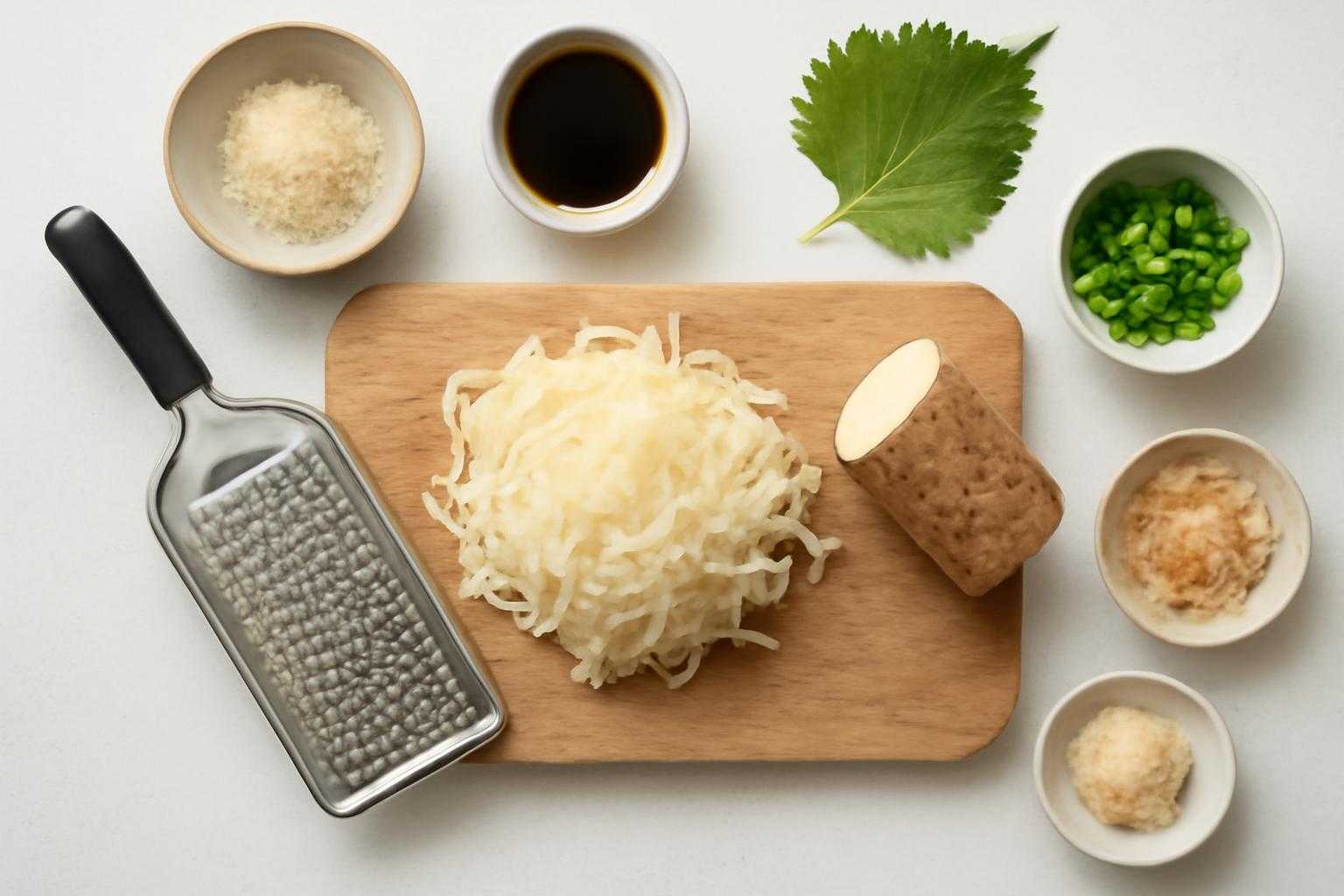 新鮮なとろろと調理器具が並んでいる様子