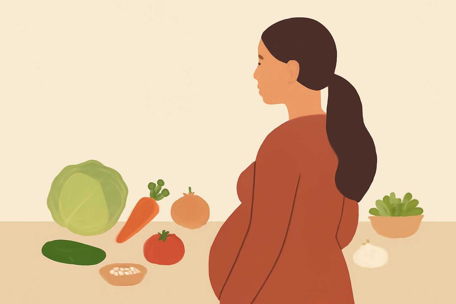 妊婦が疑問を考えながら食べ物を見つめる情景