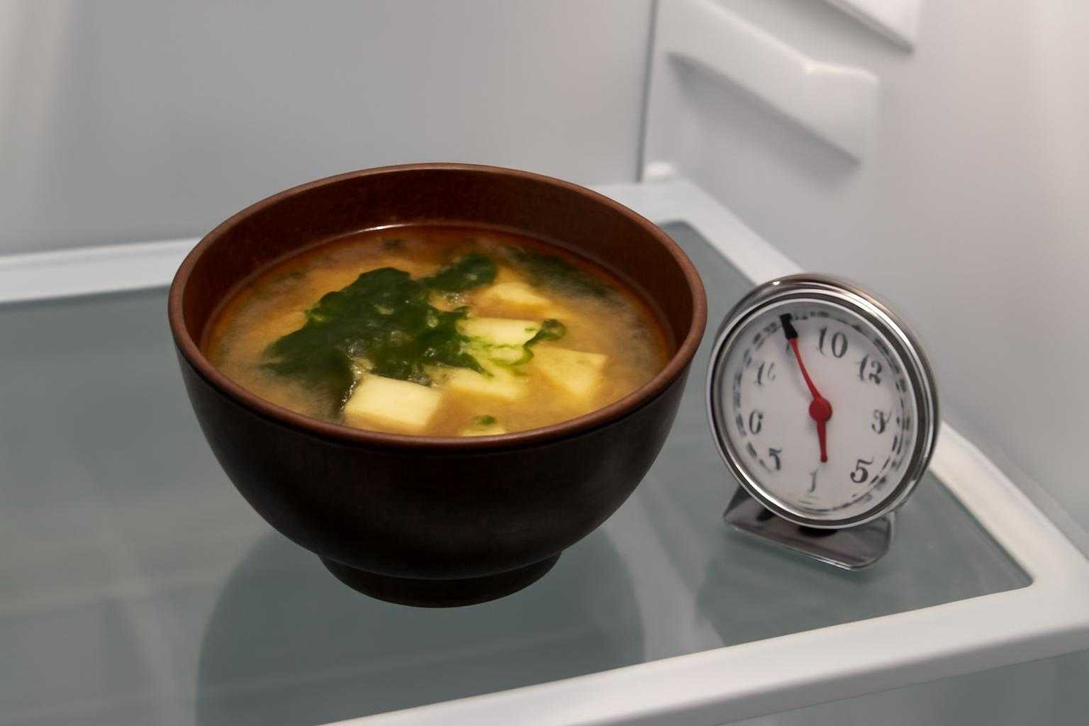 冷蔵庫に保存された味噌汁の入った器と温度計