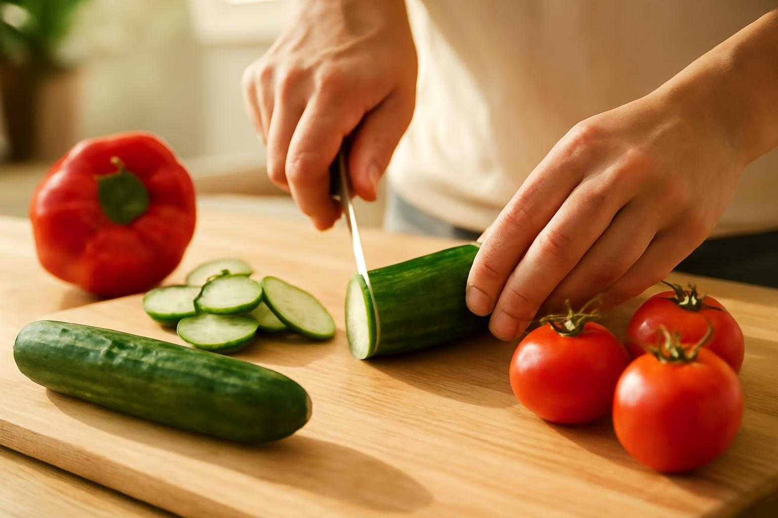 新鮮な夏野菜を選別している様子と調理工程