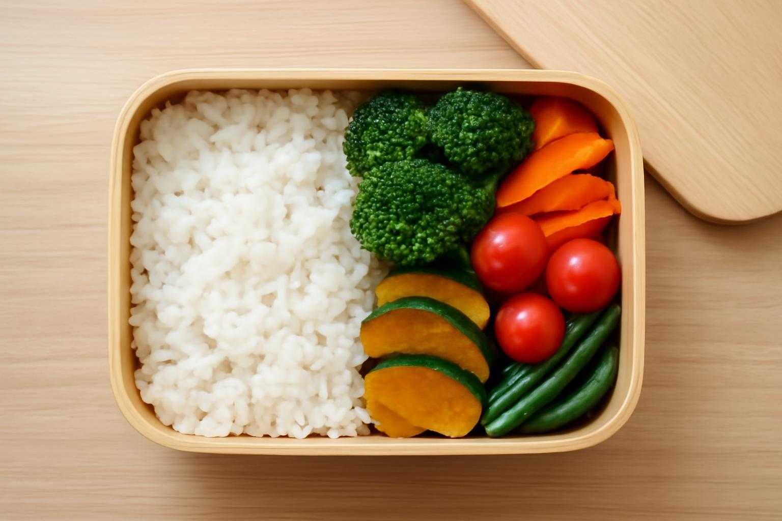 弁当箱を開けて内容物を確認している場面