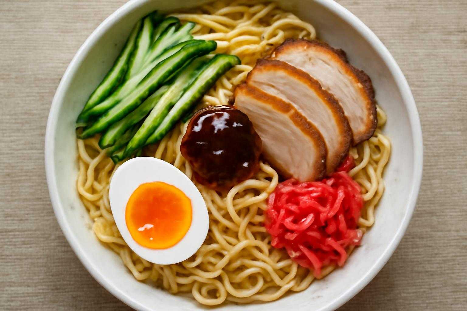 冷やし中華の麺と具材をチェックしている様子